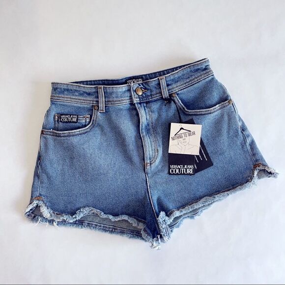 ⭕️ VERSACE JEANS Denim Shorts Logo Blue Pink - Picture 2 of 7